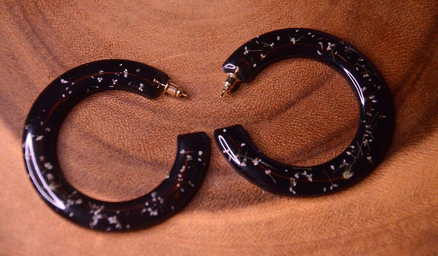 Large Black Hoops with Queen Anne's Lace