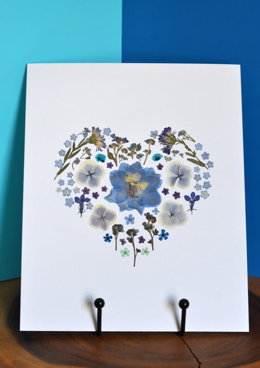 Blue and Purple Heart Pressed Flower 8x10