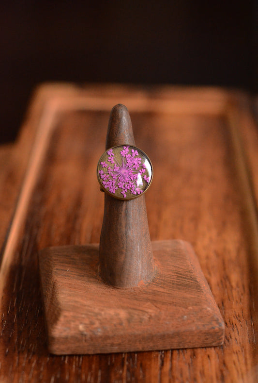 Adjustable Floral Ring with Pink Queen Anne's Lace