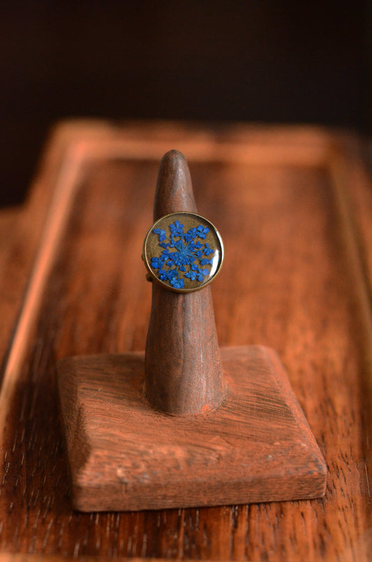 Adjustable Floral Ring with Blue Queen Anne's Lace