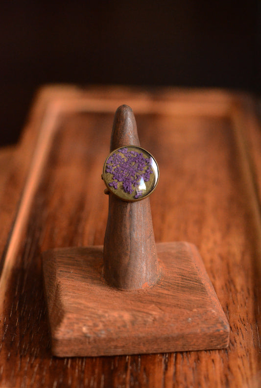 Adjustable Floral Ring with Purple Queen Anne's Lace